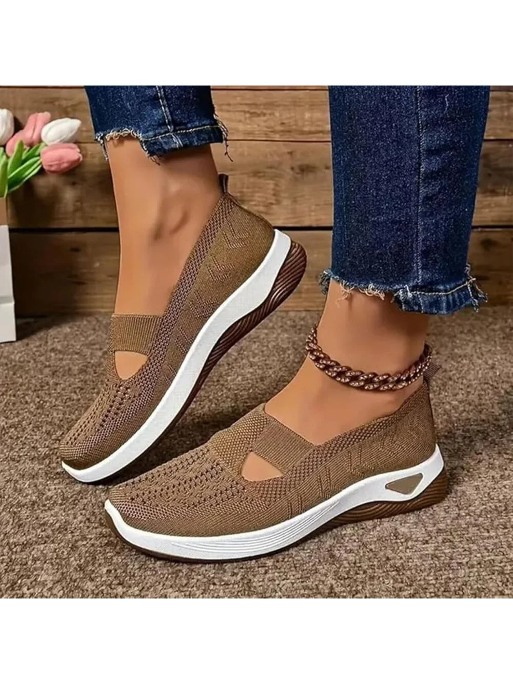 Women's Brown Lightweight Orthopedic Woven Breathable Pull On Sneakers